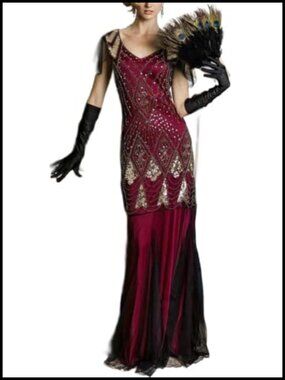 Plus Size 1920s Vintage Sequin Flapper Maxi Dress with Accessories